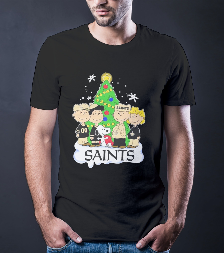 New Orleans Saints Snoopy Christmas Tree Peanuts Characters Snowflakes T-Shirt