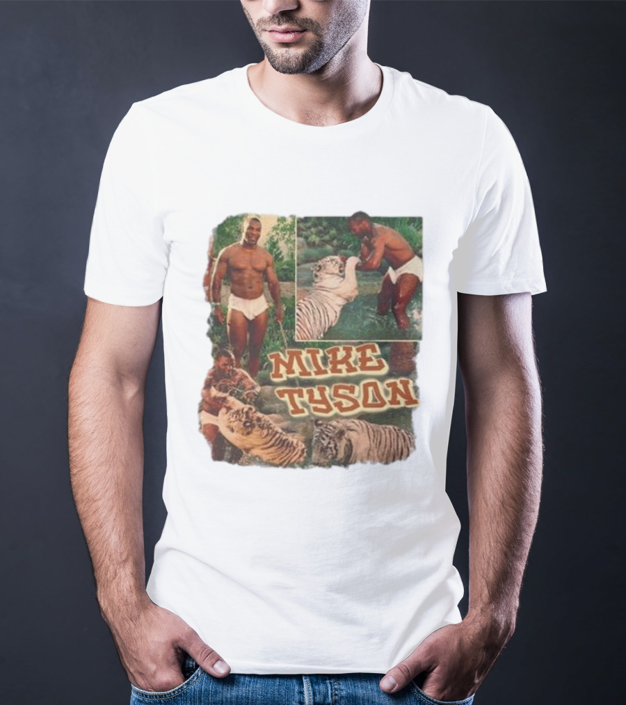 Mike Tyson With Tigers Vintage 90s Style Collage T-Shirt