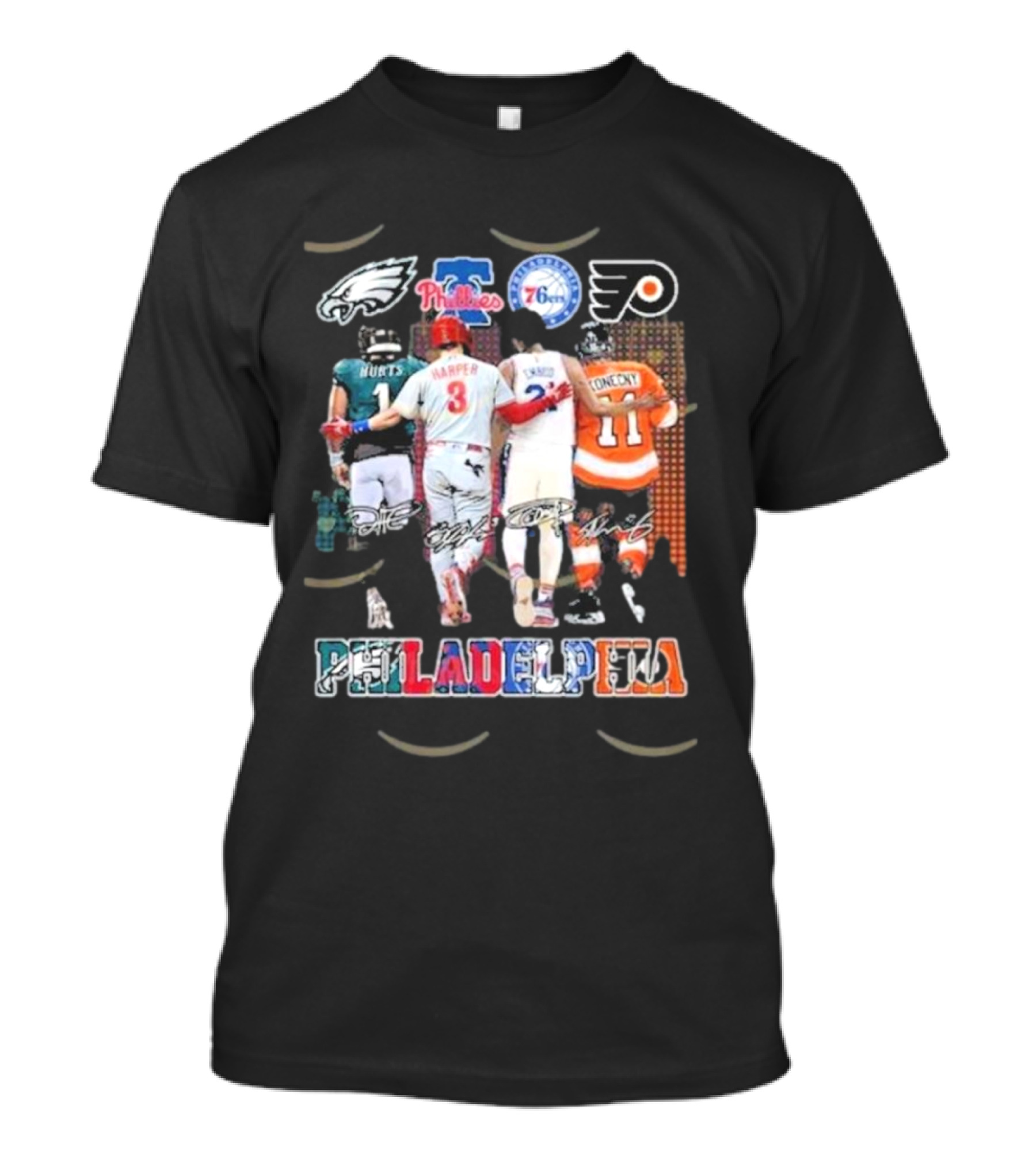 Philadelphia Eagles Phillies 76ers Flyers Signature Hurts Harper Embiid Konecny T-Shirt