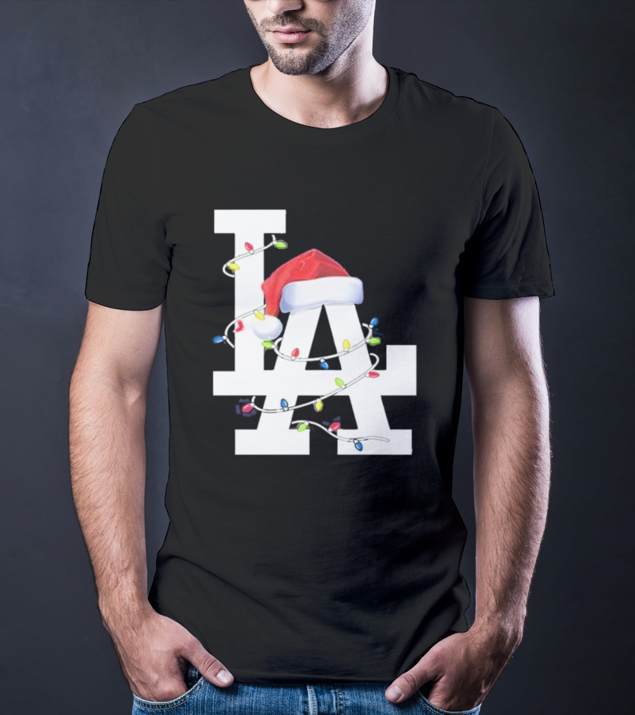 Los Angeles LA Merry Christmas Santa Hat Lights Holiday 2D T-Shirt