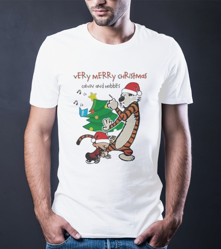 VErY MERRY ChrIStmAS Calvin And Hobbes Santa Hats Christmas Tree Dance T-Shirt