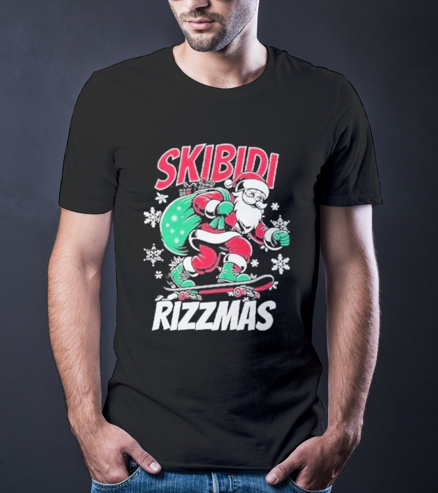 Skibidi Rizzmas Santa Claus Skateboarding Christmas T-Shirt