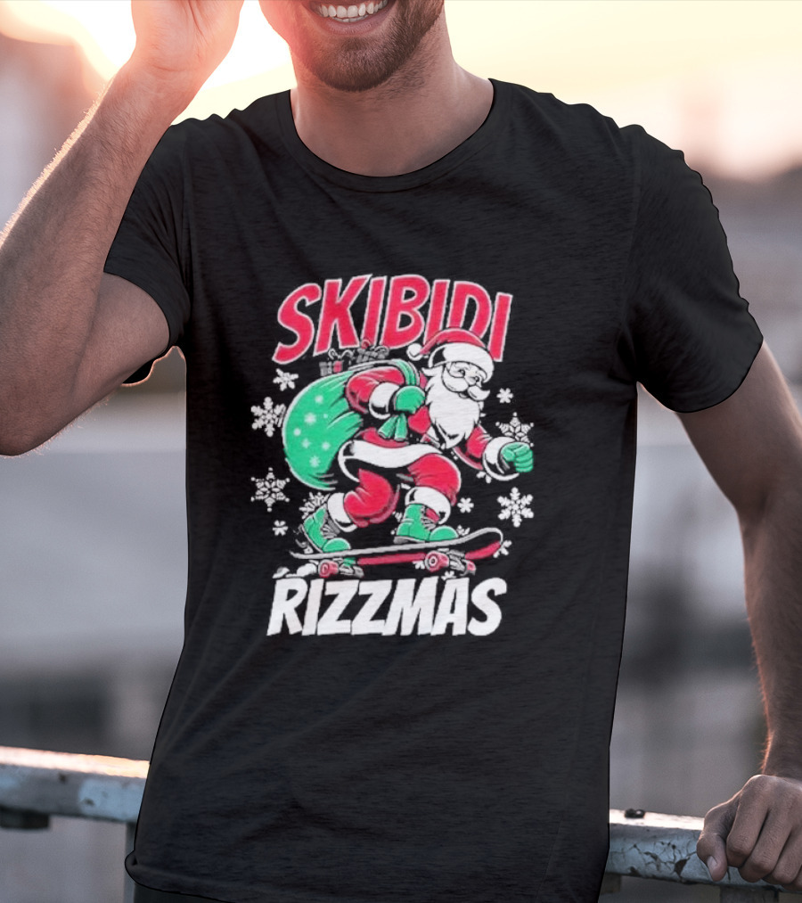 Skibidi Rizzmas Santa Claus Skateboarding Christmas T-Shirt
