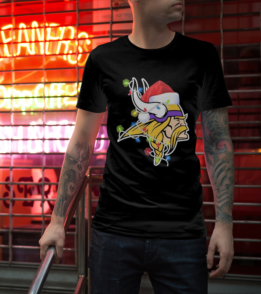 Minnesota Vikings Merry Christmas 2D Santa Hat Lights T-Shirt