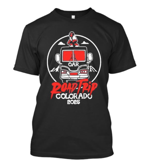 OAR Road Trip Colorado 2025 Bus Adventure With Mountains And Standing Character T-Shirt
