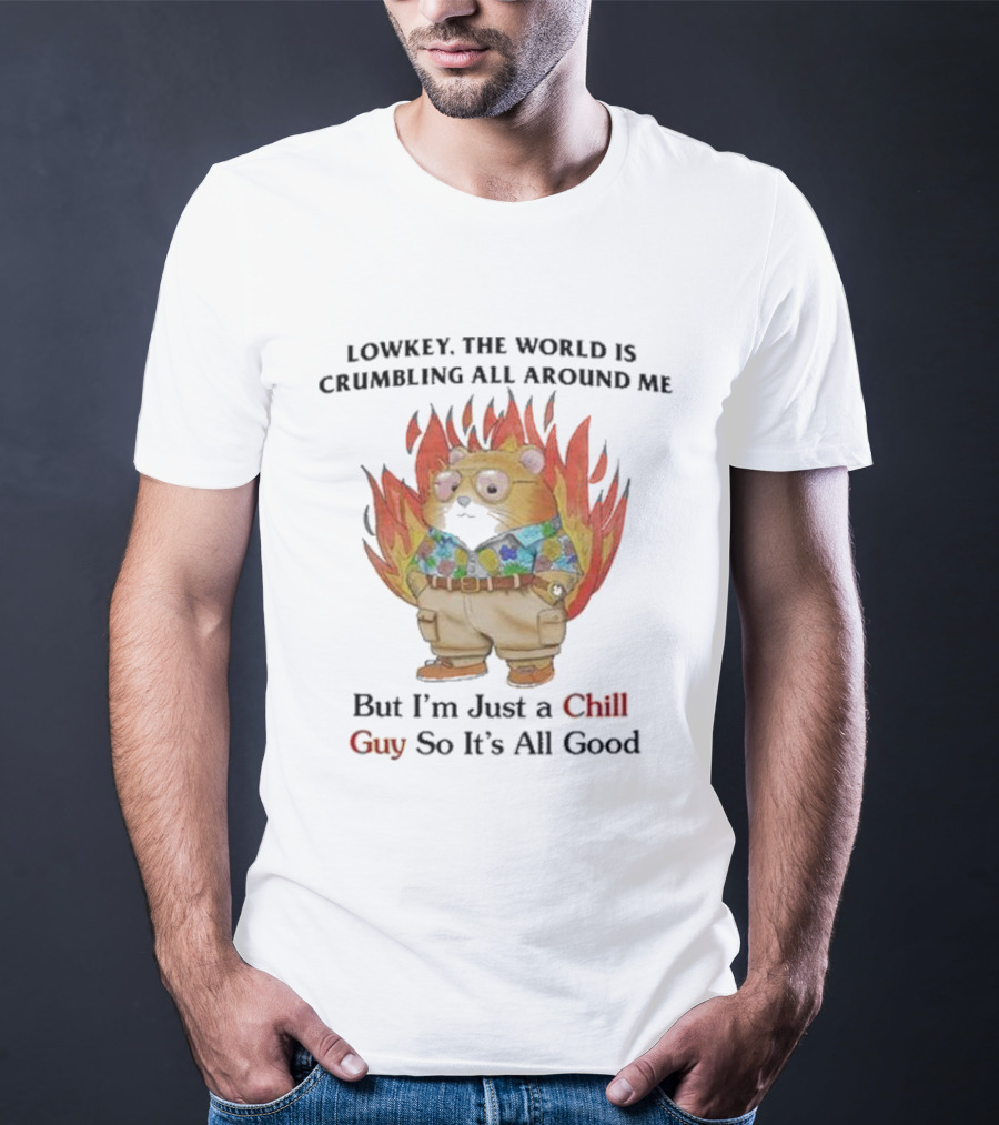 Chill Guy With World Crumbling Fire Background T-Shirt