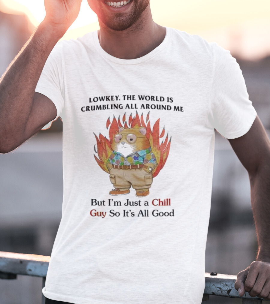 Chill Guy With World Crumbling Fire Background T-Shirt