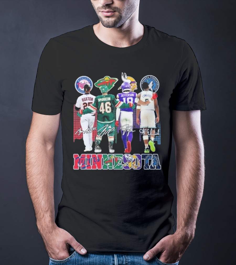 Minnesota Twins Buxton Minnesota Wild Spurgeon Minnesota Vikings Jefferson Minnesota Timberwolves Edwards Signature T-Shirt