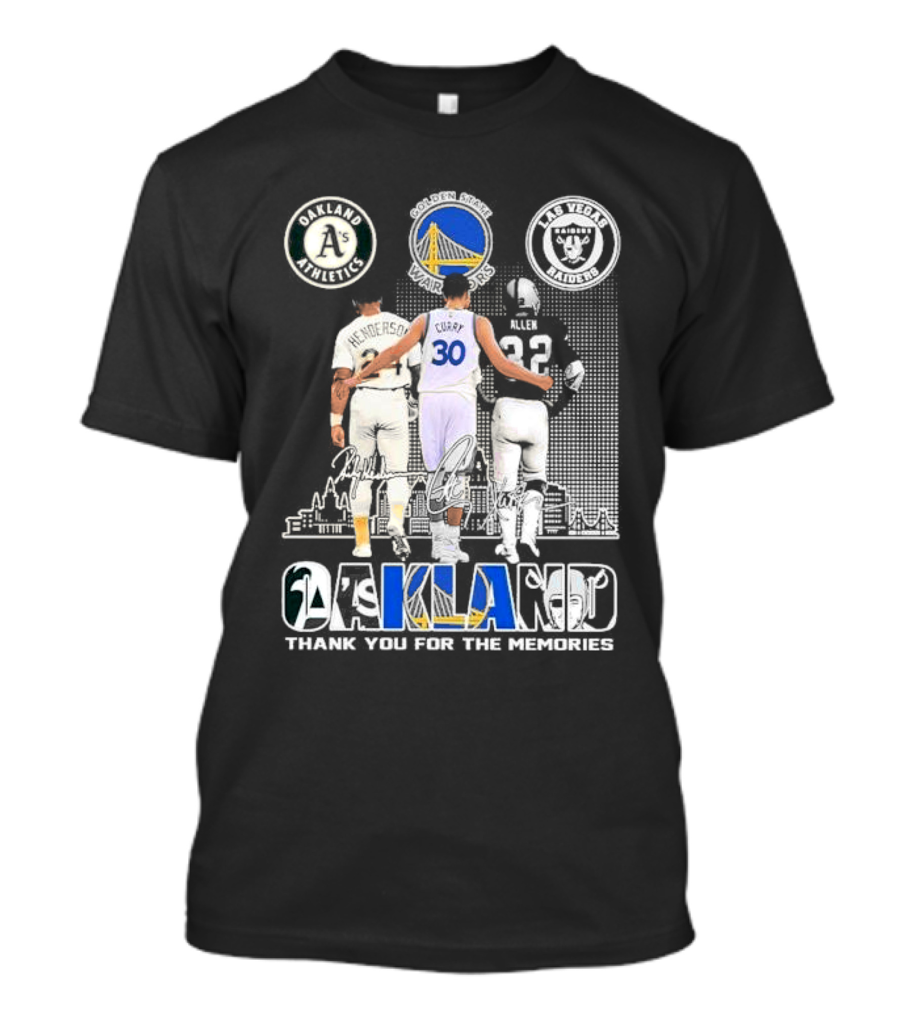 Oakland Athletics Warriors Raiders Henderson Curry Allen Thank You For The Memories T-Shirt