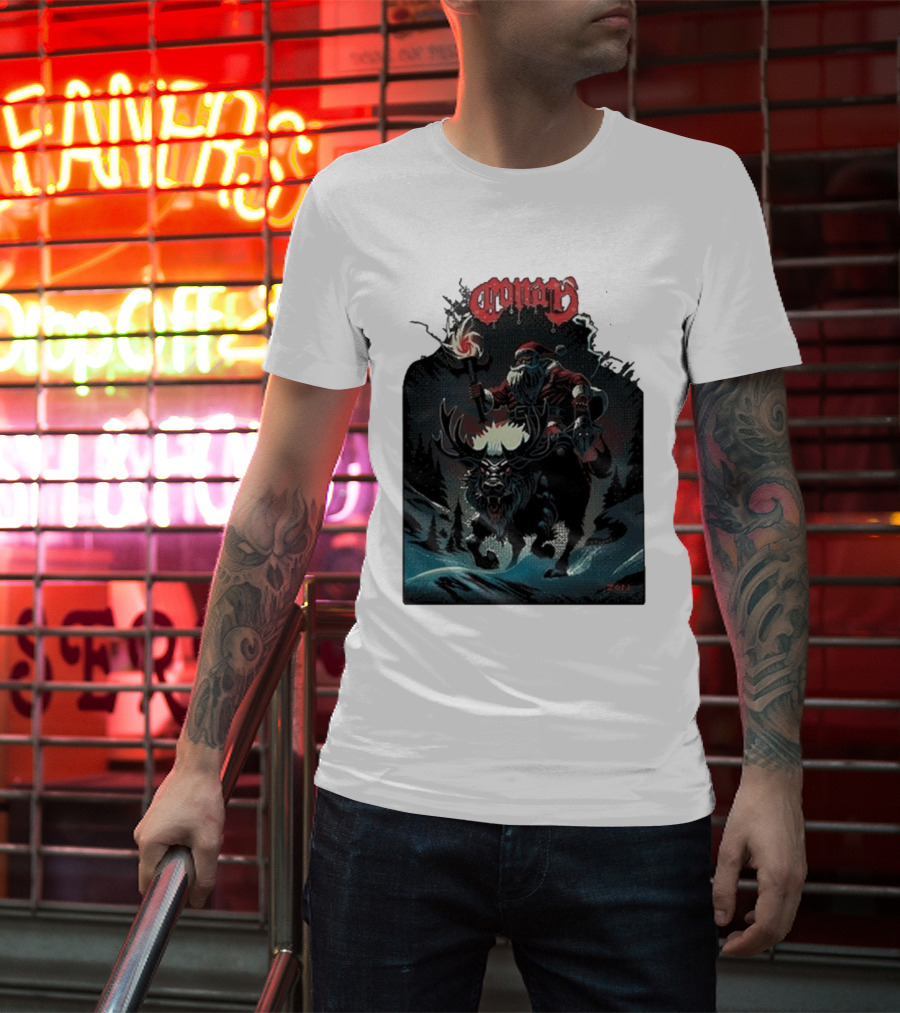 Conan Merry Chrushmas Santa Riding Mythical Beast Torch Dark Forest Scene T-Shirt