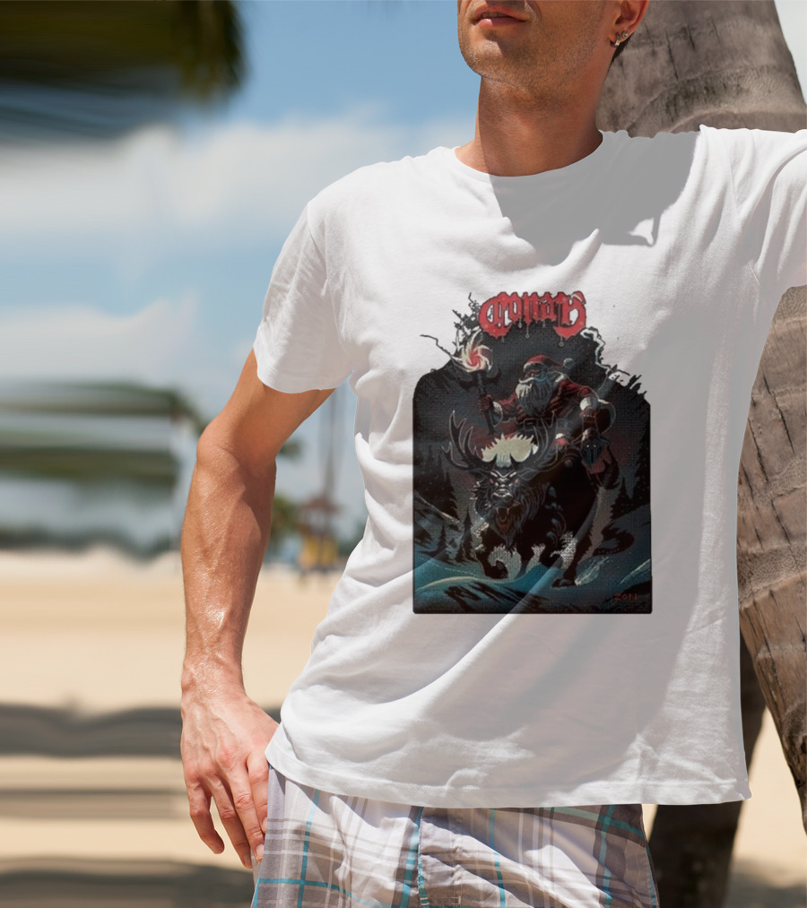 Conan Merry Chrushmas Santa Riding Mythical Beast Torch Dark Forest Scene T-Shirt
