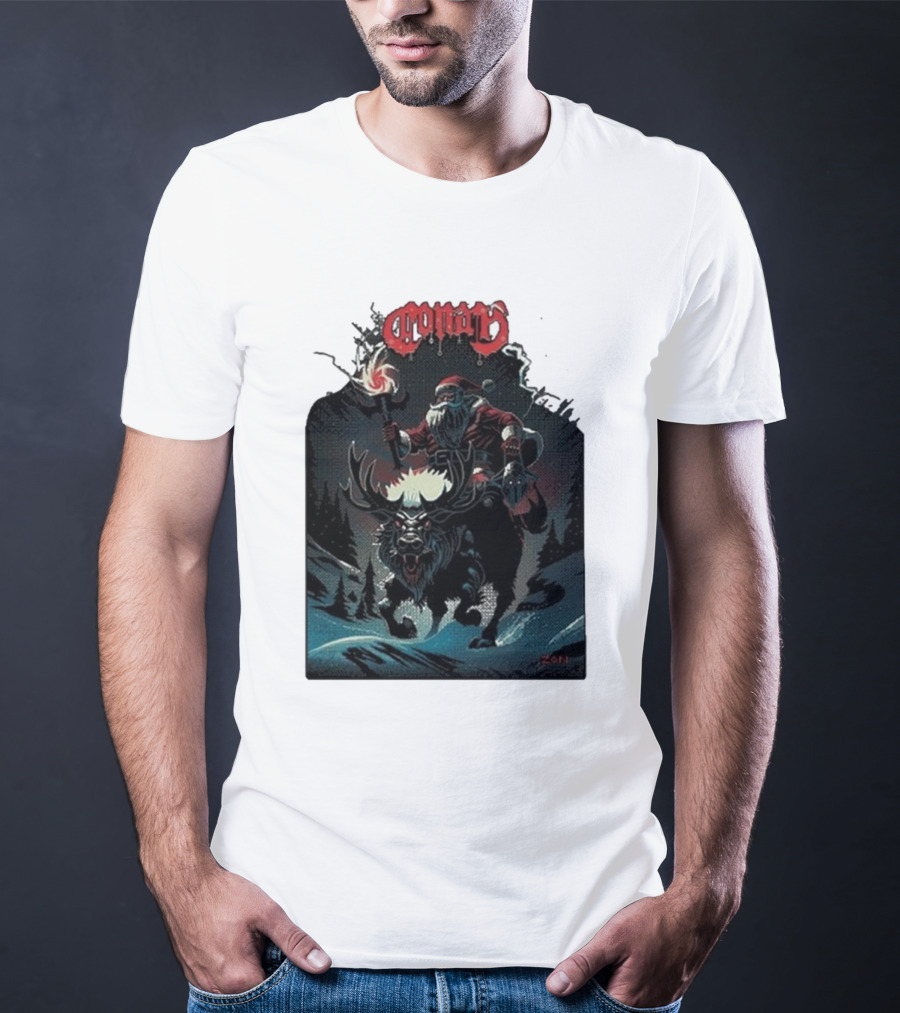 Conan Merry Chrushmas Santa Riding Mythical Beast Torch Dark Forest Scene T-Shirt