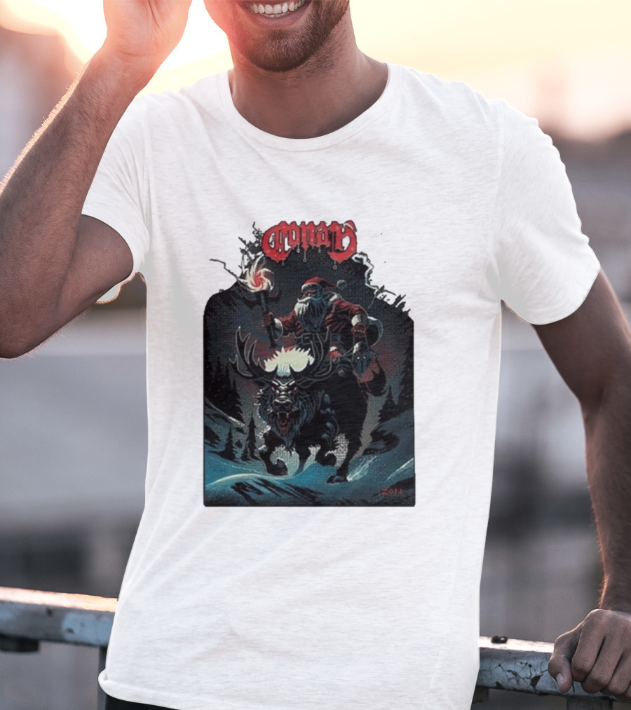 Conan Merry Chrushmas Santa Riding Mythical Beast Torch Dark Forest Scene T-Shirt