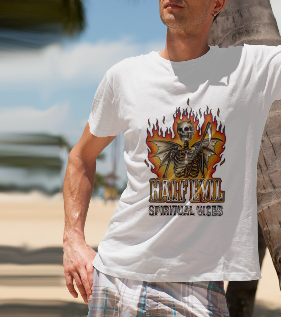 Half Evil Spiritual Vices Flaming Winged Skeleton T-Shirt