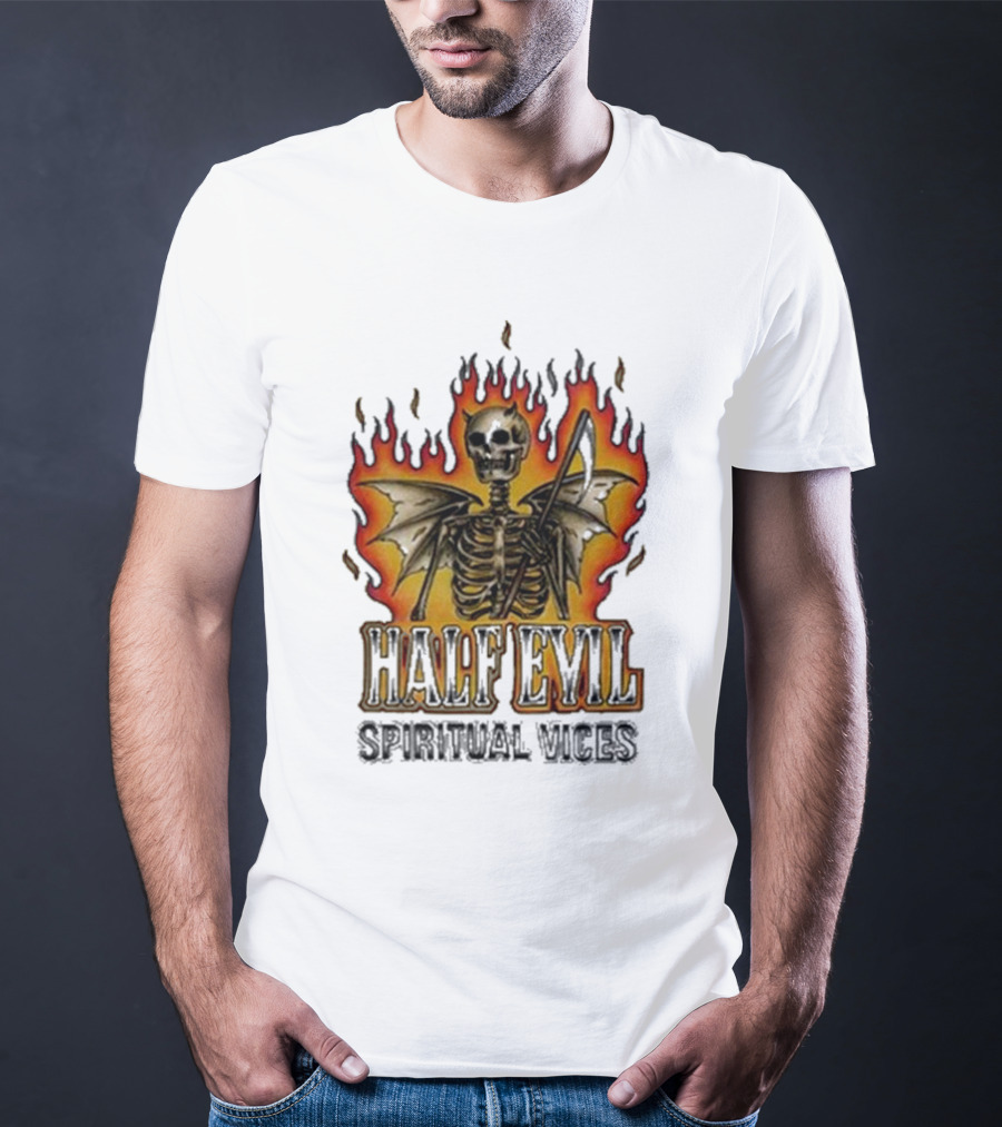 Half Evil Spiritual Vices Flaming Winged Skeleton T-Shirt