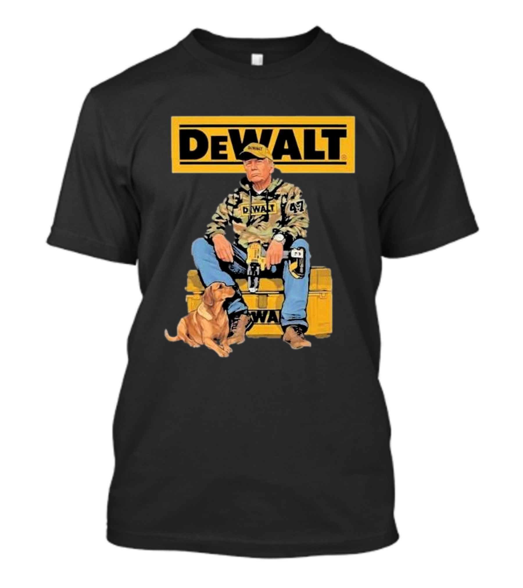 DEWALT Toolbox Camouflage Jacket 47 Sitting On Toolbox With Dog T-Shirt