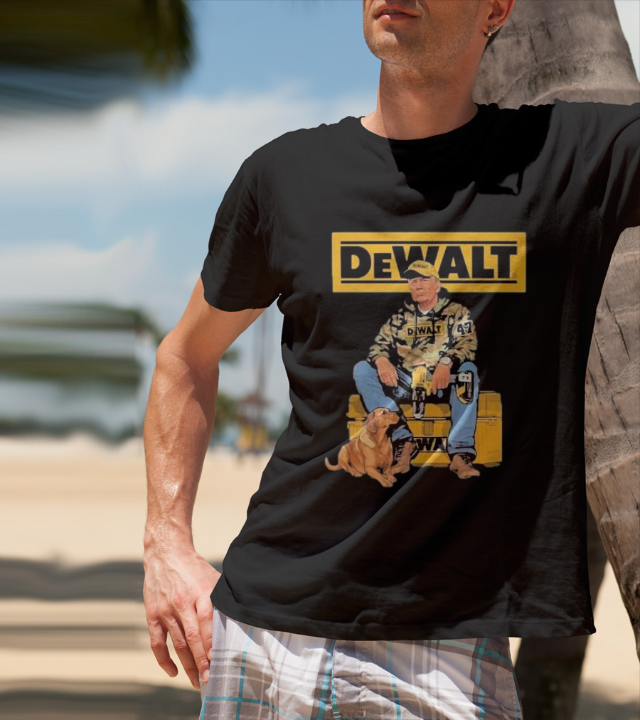 DEWALT Toolbox Camouflage Jacket 47 Sitting On Toolbox With Dog T-Shirt