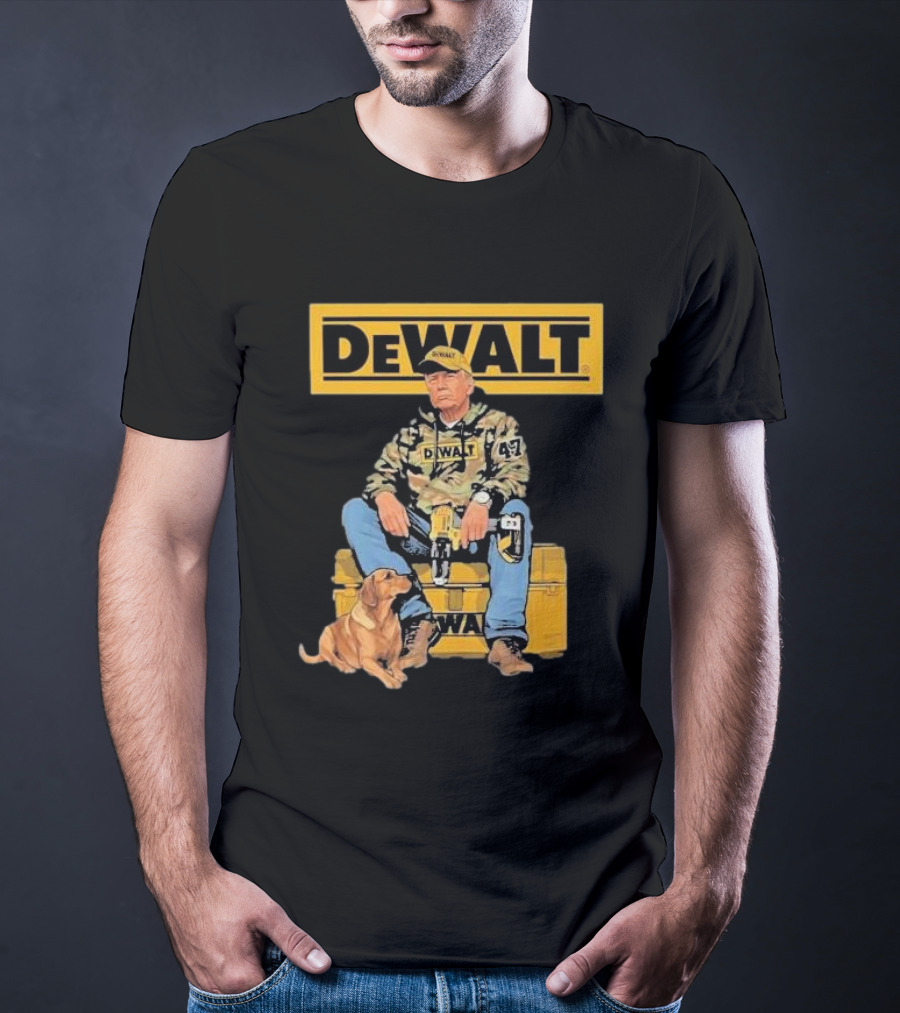 DEWALT Toolbox Camouflage Jacket 47 Sitting On Toolbox With Dog T-Shirt