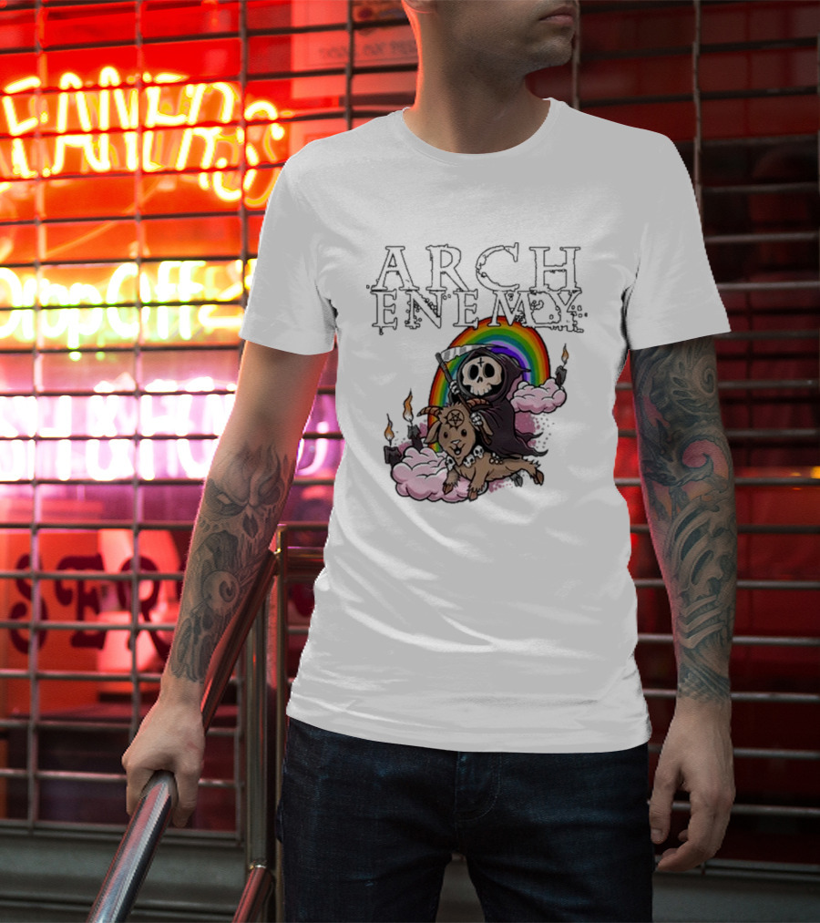 Arch Enemy Rainbow Reaper On Goat With Candles And Clouds T-Shirt