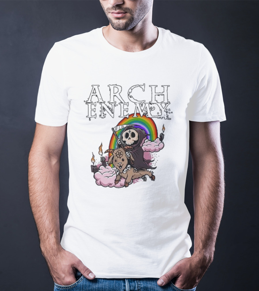 Arch Enemy Rainbow Reaper On Goat With Candles And Clouds T-Shirt
