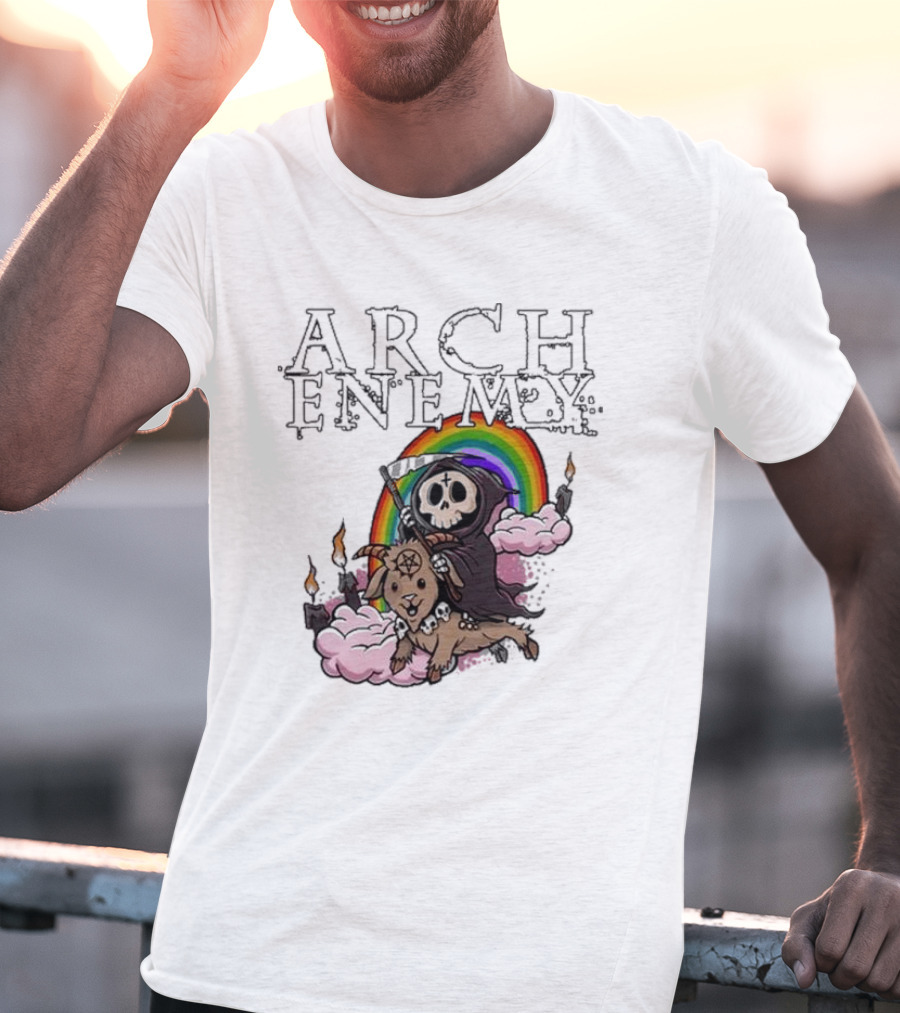 Arch Enemy Rainbow Reaper On Goat With Candles And Clouds T-Shirt