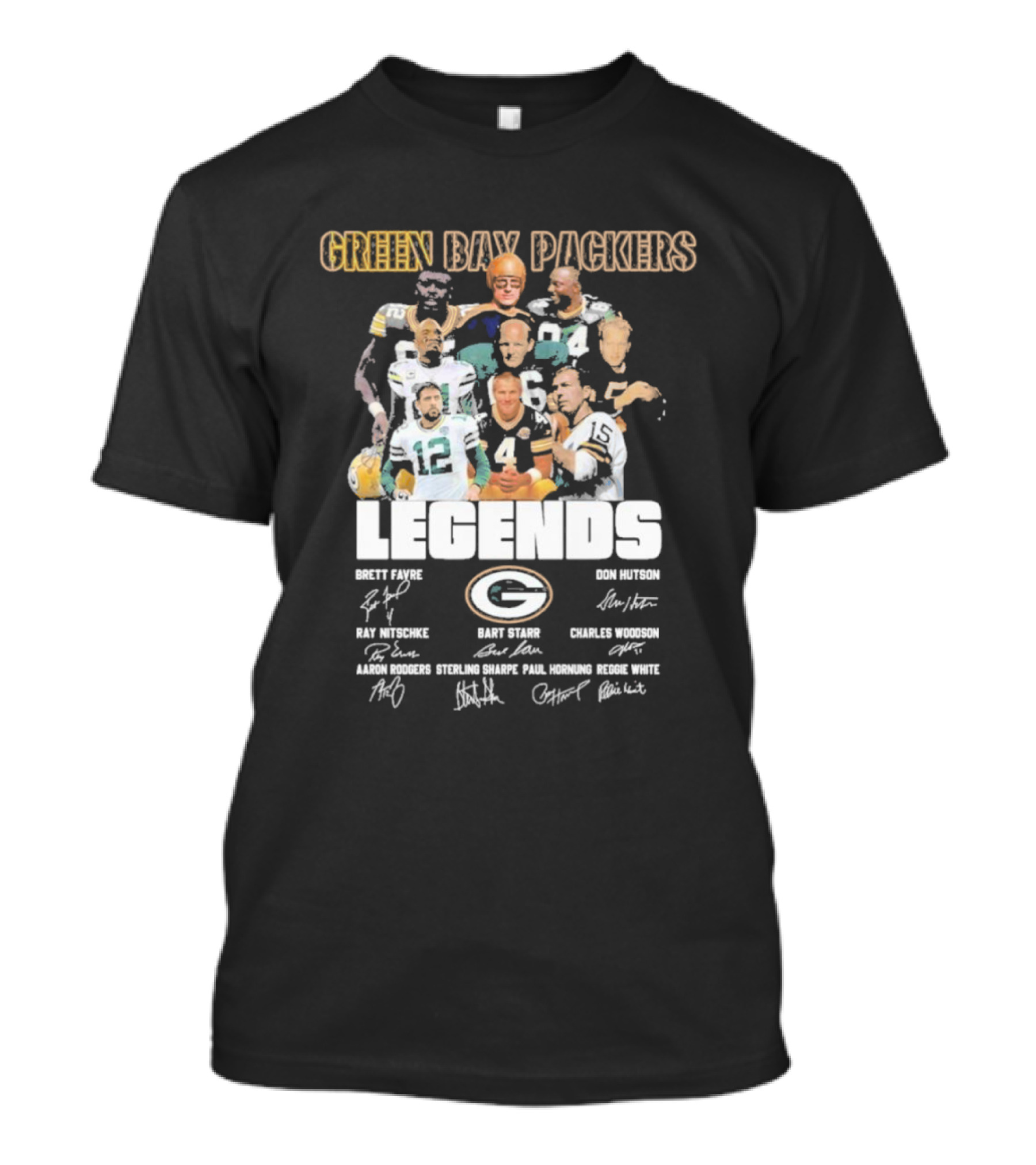 Green Bay Packers Legends Brett Favre Don Hutson Ray Nitschke Bart Starr Charles Woodson Aaron Rodgers Sterling Sharpe Paul Hornung Reggie White T-Shirt