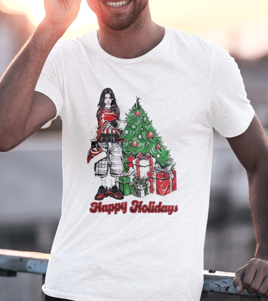 Billie Eilish Happy Holidays Christmas Tree Presents T-Shirt