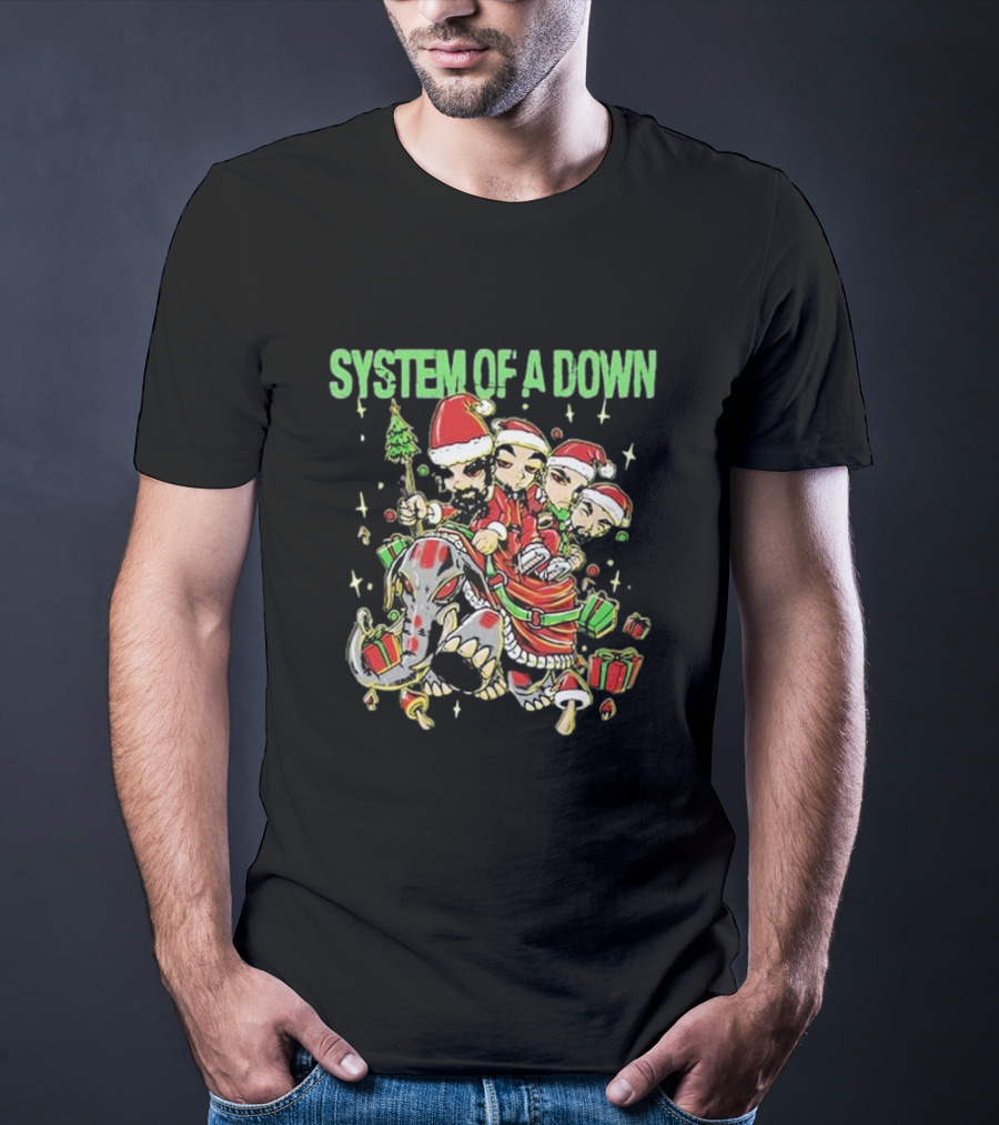 System Of A Down Holiday Mushroom People Riding Elephant With Gifts T-Shirt