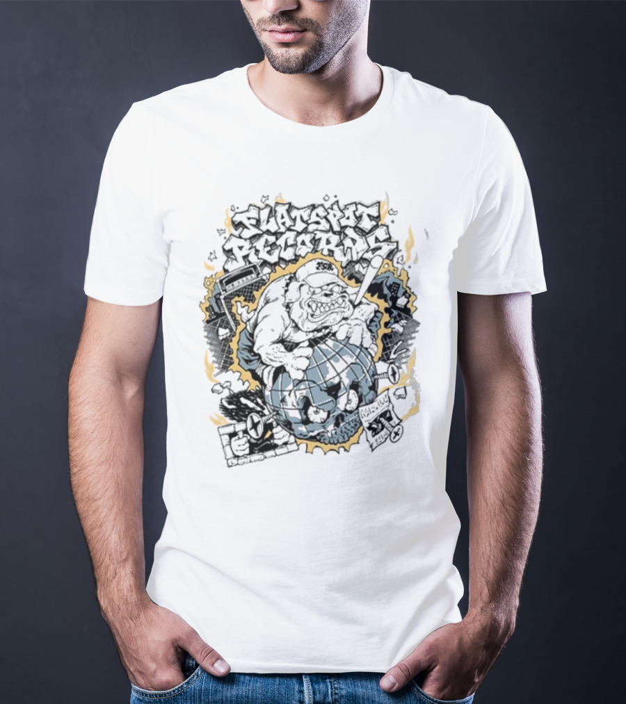 Flatspot Records Bulldog Globe Graffiti Style White T-Shirt