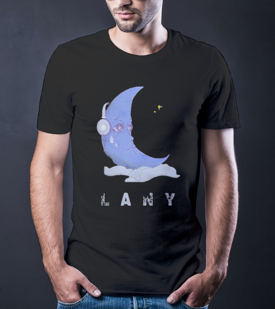 Lany Moon Crying Blue Crescent With Headphones And Clouds T-Shirt