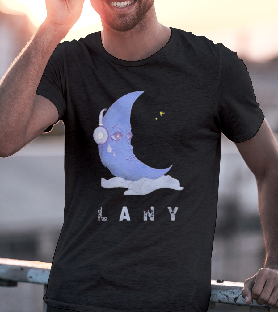 Lany Moon Crying Blue Crescent With Headphones And Clouds T-Shirt