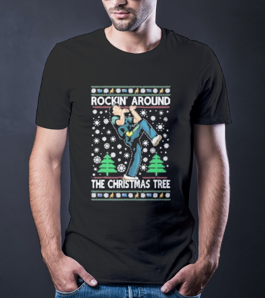 Rockin' Around The Christmas Tree Ugly Christmas Sweater With Dancing Figure And Snowflakes T-Shirt