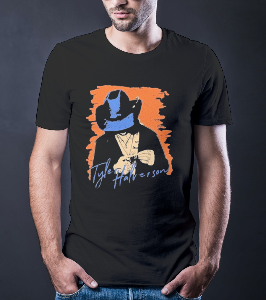 Tyler Halverson Cowboy Hat Blue Bandana Orange Background T-Shirt