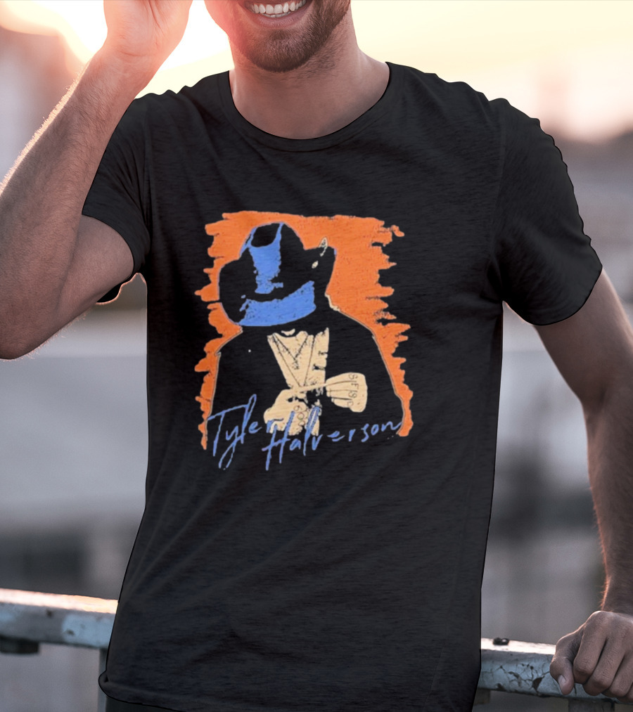 Tyler Halverson Cowboy Hat Blue Bandana Orange Background T-Shirt