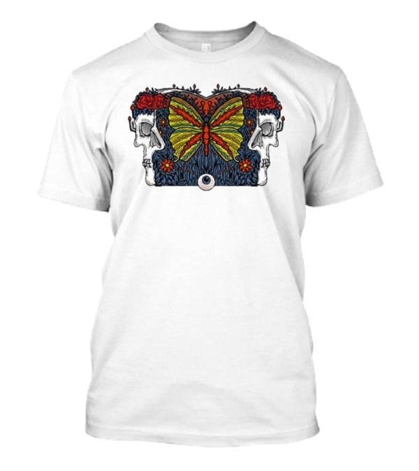 This Old Engine Two Worlds Skull And Butterfly Symmetry With Roses And Floral Elements T-Shirt