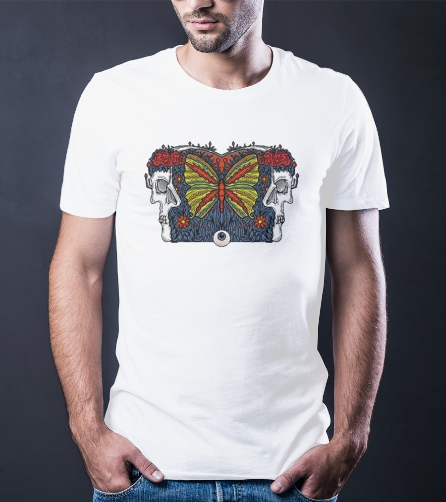 This Old Engine Two Worlds Skull And Butterfly Symmetry With Roses And Floral Elements T-Shirt