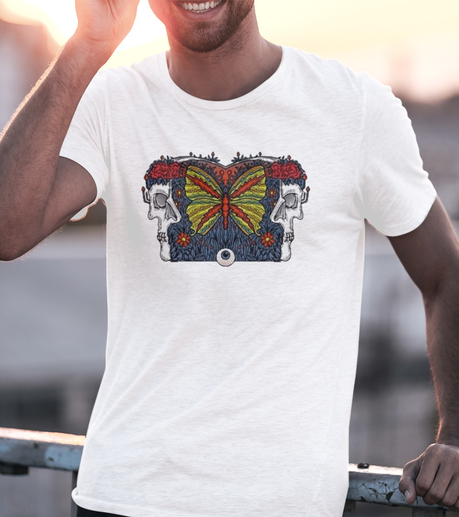 This Old Engine Two Worlds Skull And Butterfly Symmetry With Roses And Floral Elements T-Shirt