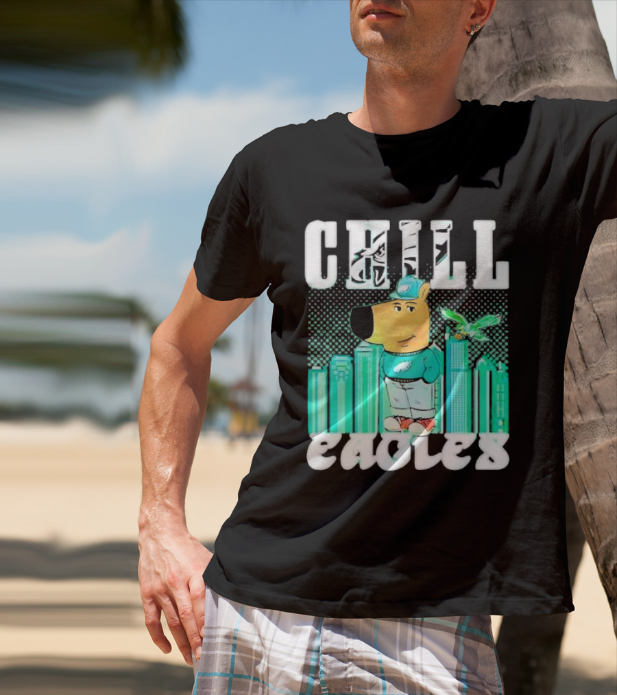 Philadelphia Eagles Chill Character With City Skyline And Cartoon Bird T-Shirt