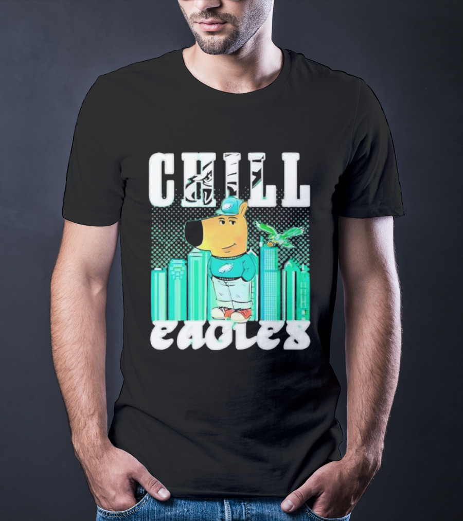 Philadelphia Eagles Chill Character With City Skyline And Cartoon Bird T-Shirt