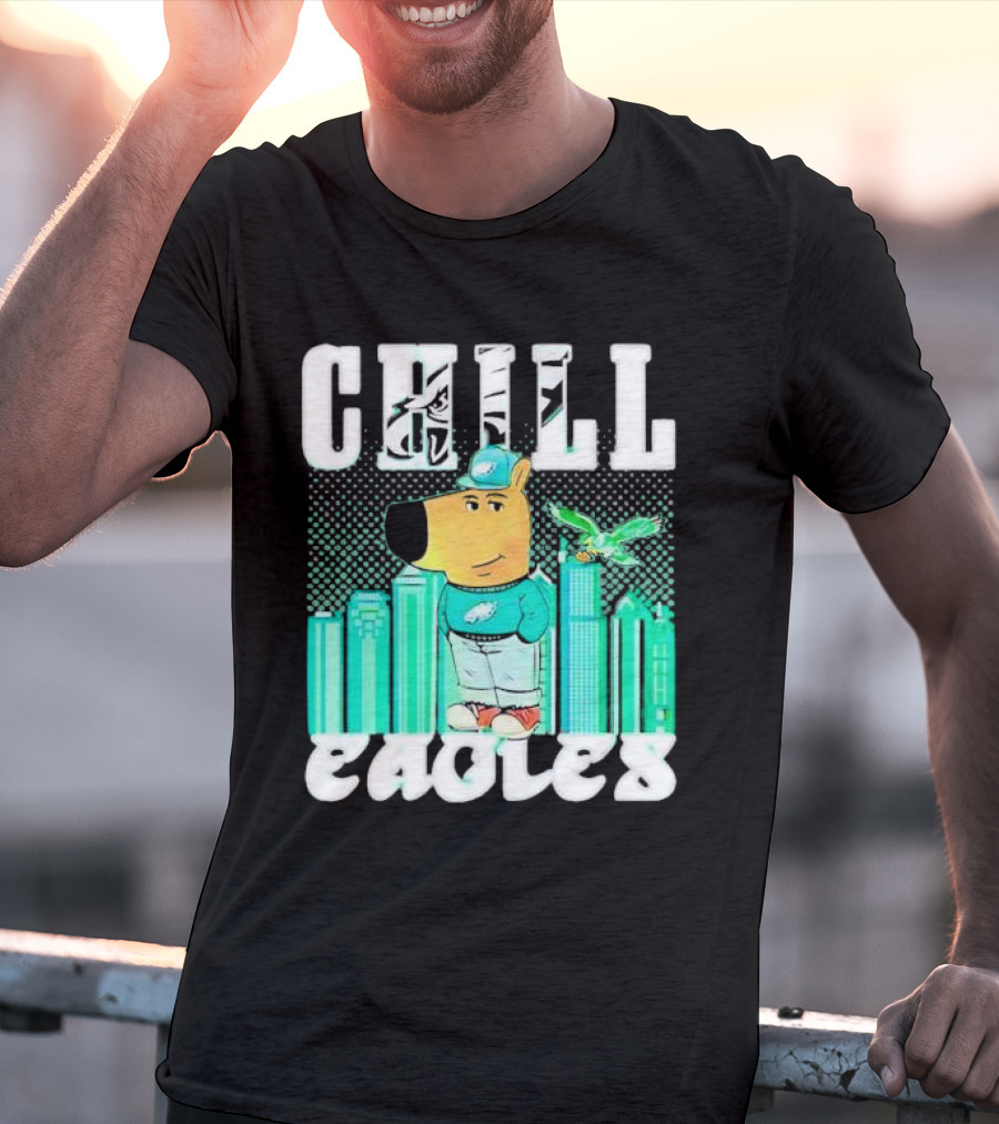 Philadelphia Eagles Chill Character With City Skyline And Cartoon Bird T-Shirt