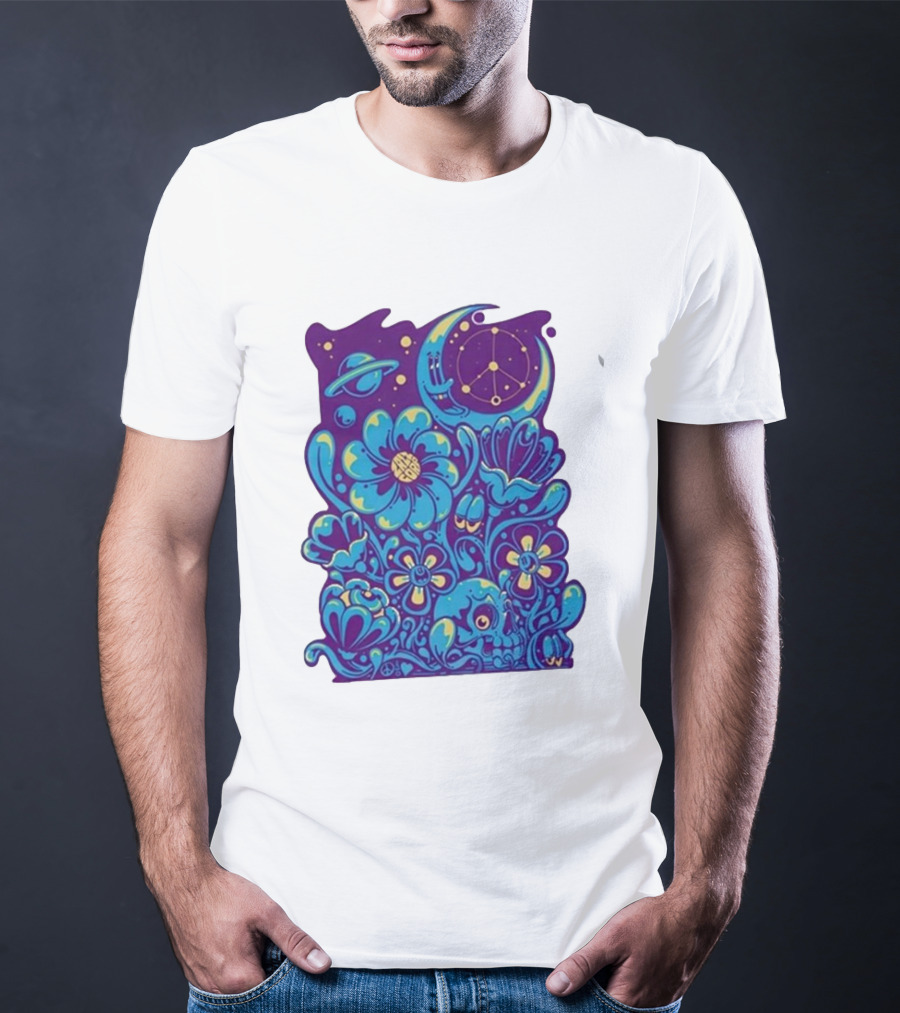 Zazz Corp White Cosmic Floral Planets Constellation T-Shirt