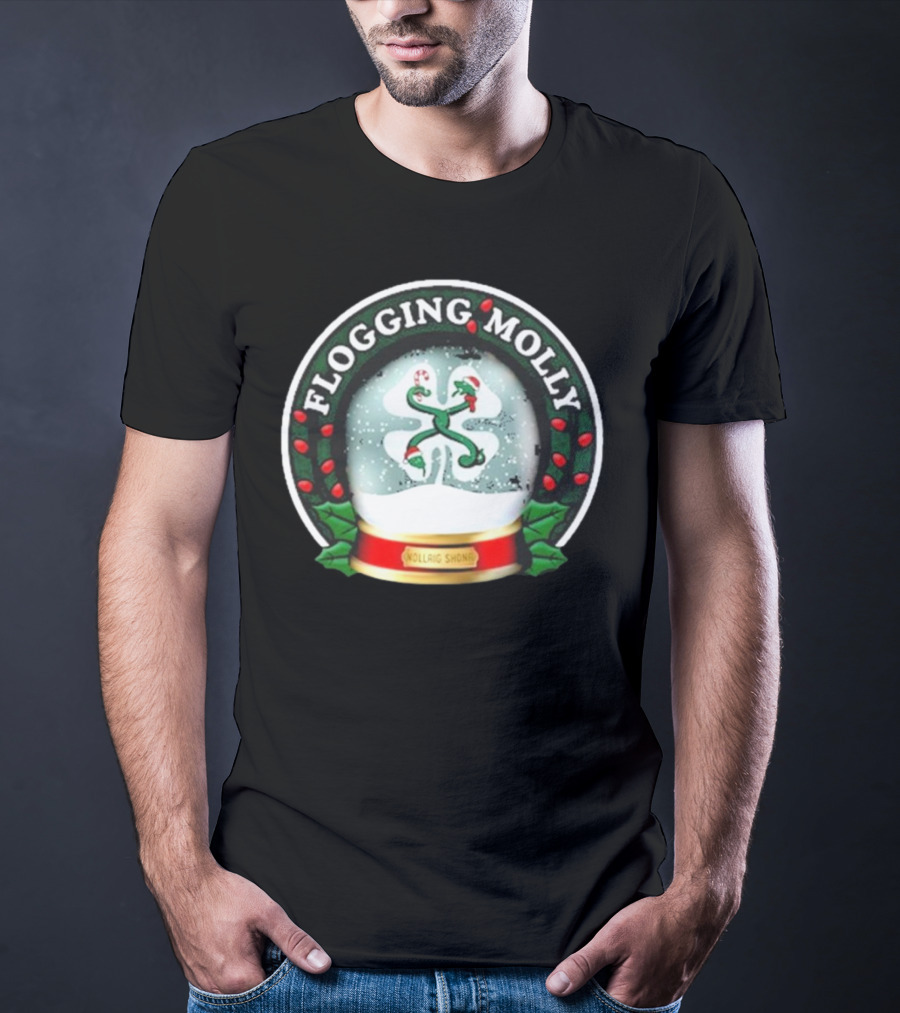 Flogging Molly Nollaig Shona Snow Globe With Holly Red Green White T-Shirt