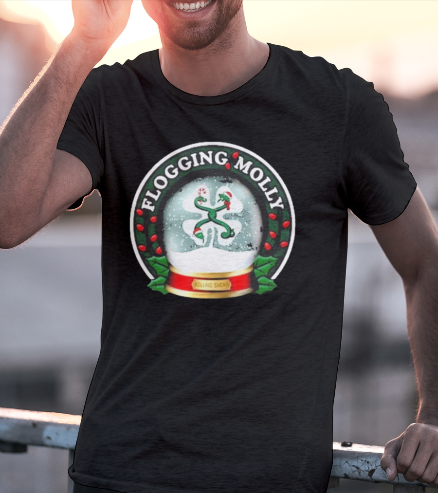 Flogging Molly Nollaig Shona Snow Globe With Holly Red Green White T-Shirt