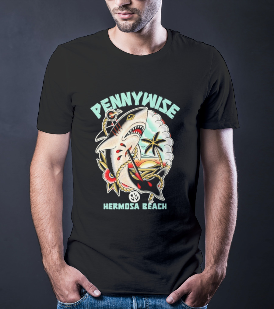 Pennywise Shark Hermosa Beach Sunset Palm Tattoo T-Shirt
