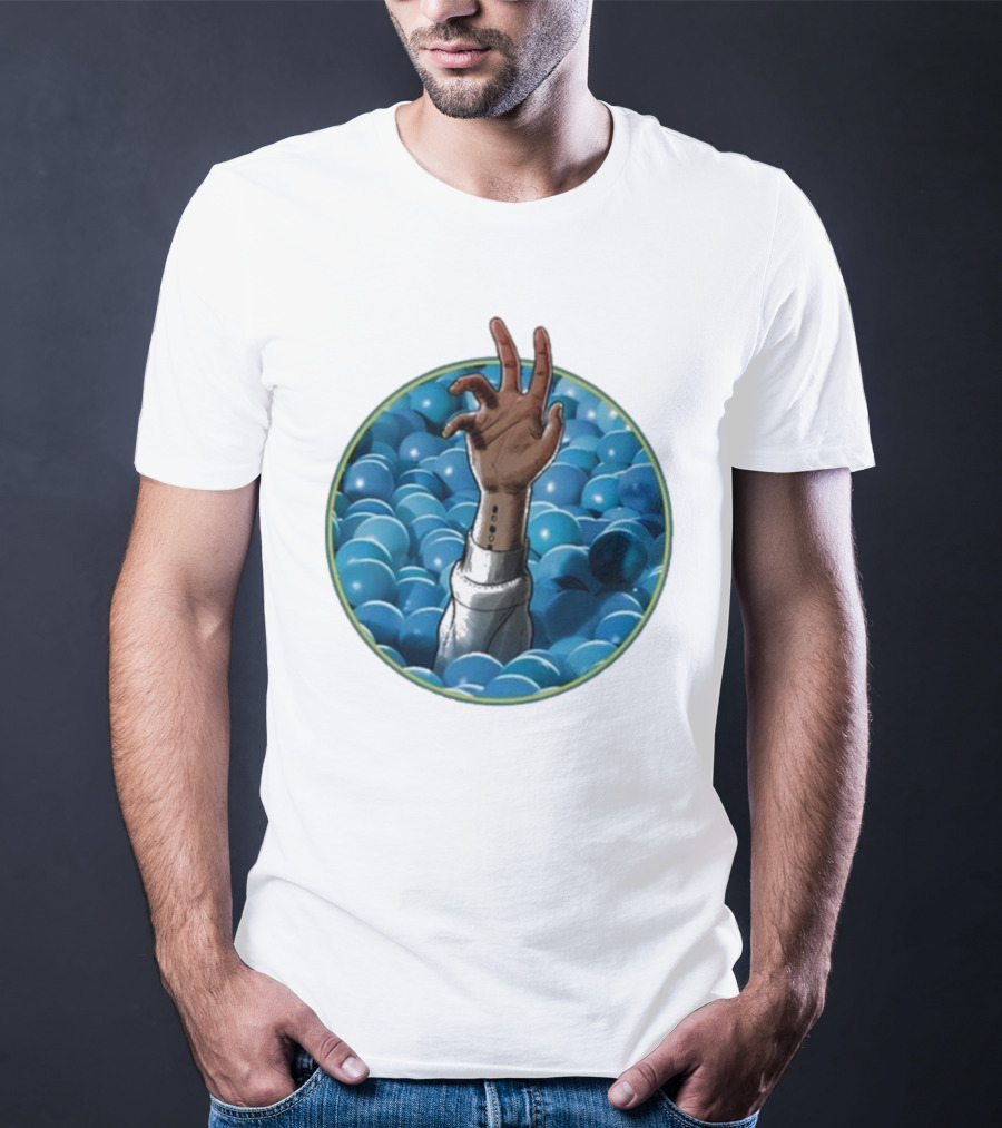 Hand Reaching Out Of Blue Ballpit Sphere T-Shirt