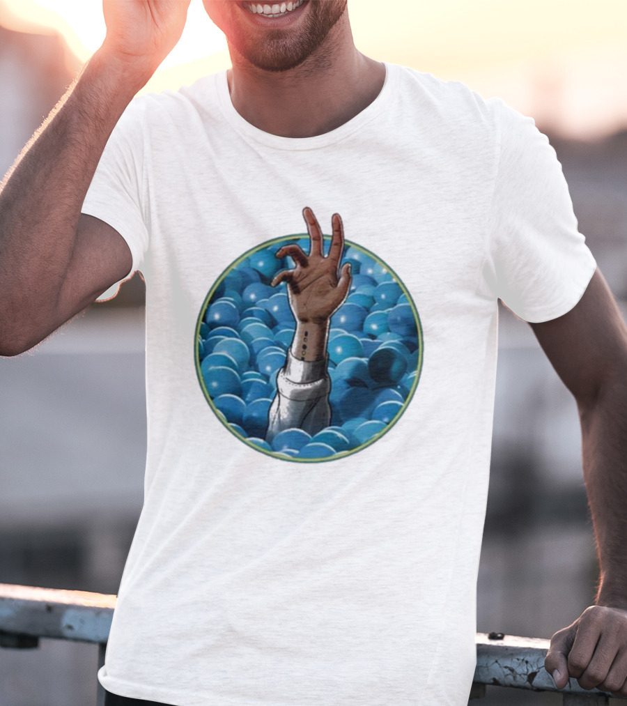 Hand Reaching Out Of Blue Ballpit Sphere T-Shirt