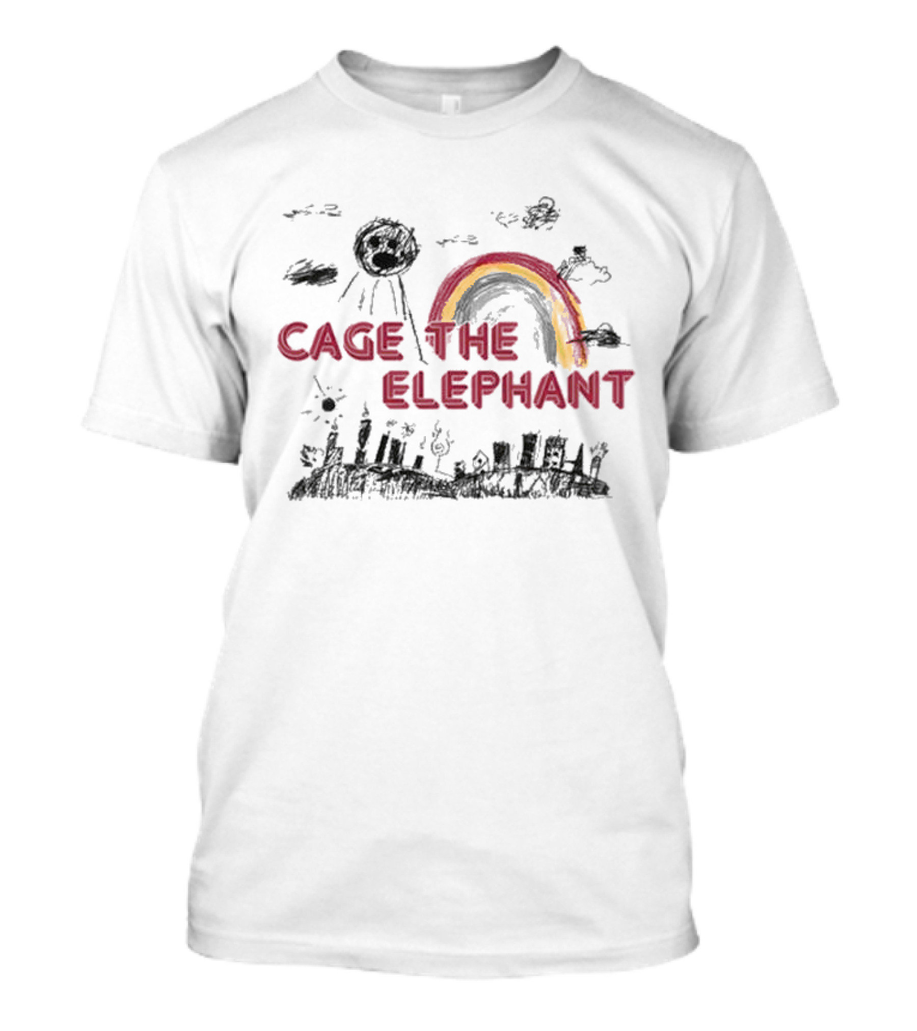 Cage The Elephant Rainbow Doodle With Scribbled Skyline And Clouds T-Shirt