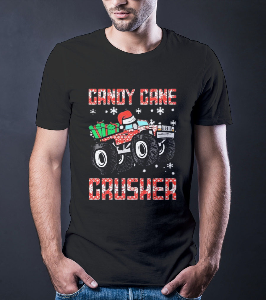Candy Cane Crusher Christmas Monster Truck Toddler Boys Snowflakes Santa Present T-Shirt