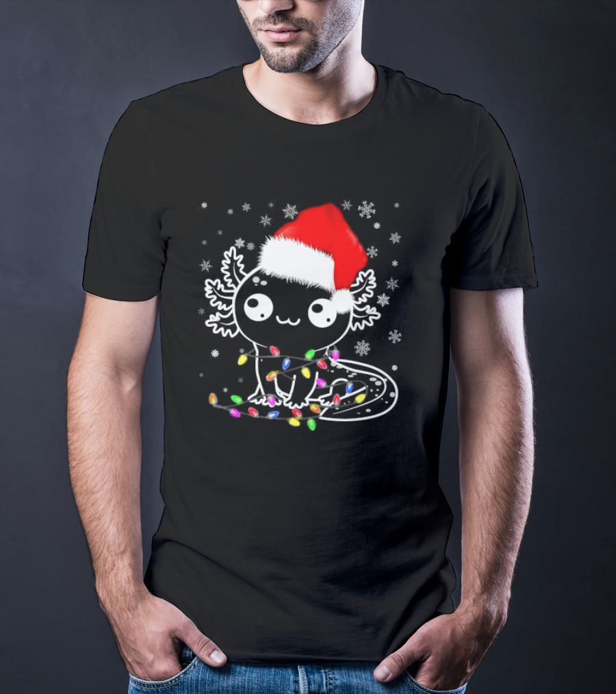 Santa Hat Axolotl Wrapped In Colorful Christmas Lights And Falling Snowflakes T-Shirt