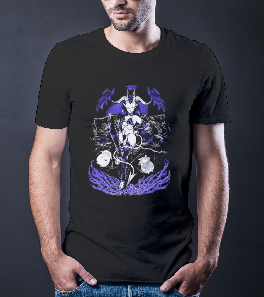 The Devil Pinku Kult Demonic Figure Surrounded By Ghostly Creatures And Occult Symbols T-Shirt